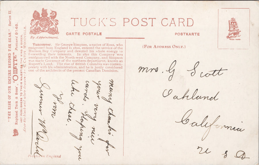 Vancouver BC area Sir George Simpson First Council TUCK 9148 Postcard SP8