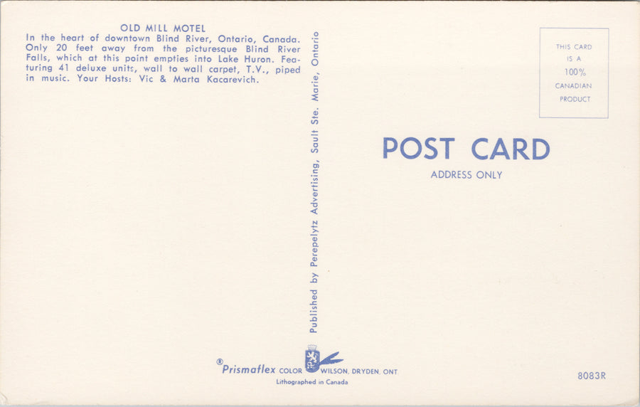 Blind River Ontario Old Mill Motel Unused Postcard SP8