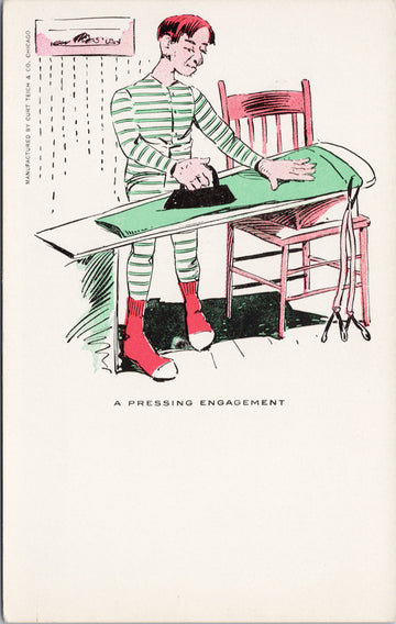 A Pressing Engagement Man Ironing Green Clothes Red Sox Unused Postcard
