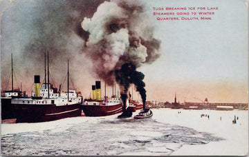 Duluth MN Tugboats Breaking Ice Lake Steamers Boat Postcard 