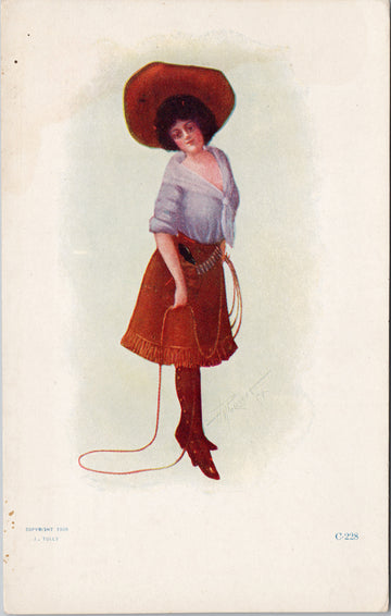 Cowgirl with Rope Young Woman Pistol Pollock Artist J. Tully C-228 Postcard 