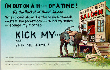 Bucket of Blood Saloon Virginia City Nevada NV Mule Ass Comic Unused Postcard 