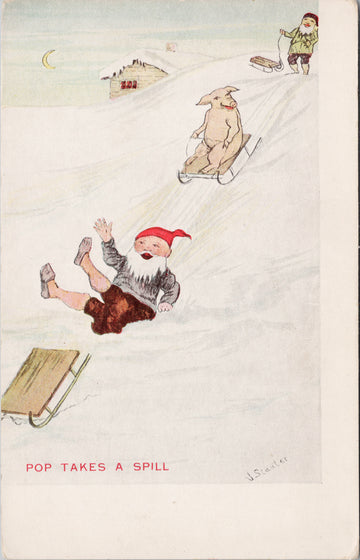 Sledding Down Hill Gnome Old People Pig 'Pop Takes A Spill' Funny Winter Tobogganing Snow Unused Postcard 