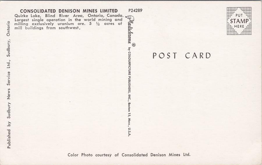 Consolidated Denison Mines Quirke Lake Blind River Ontario ON Mining Postcard SP9