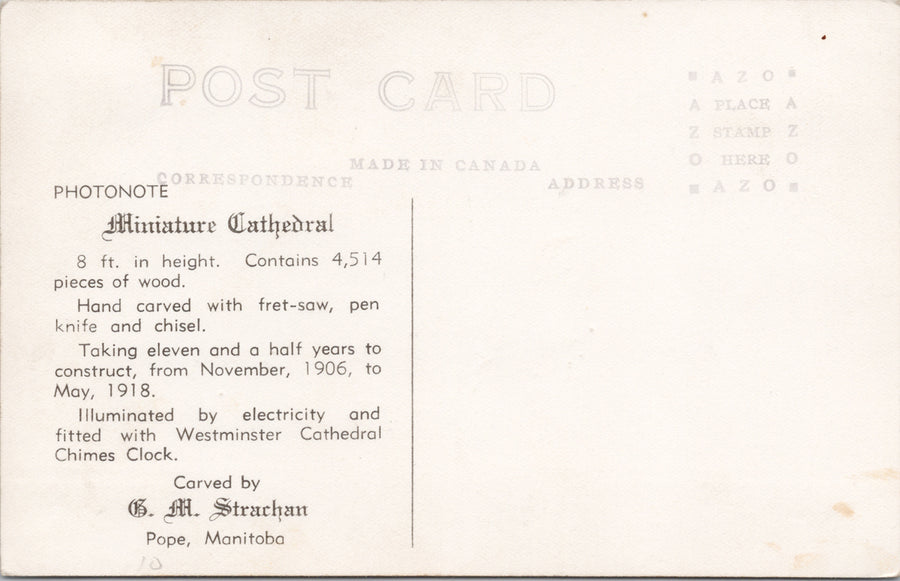 Miniature Cathedral Carved by G.M. Strachan Pope Manitoba Unused RPPC Postcard SP9