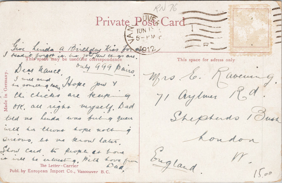 Letter Carrier Vancouver BC British Columbia Mailman Postman c1912 Postcard SP9