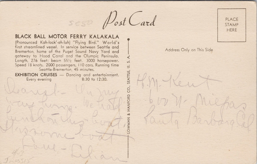 Black Ball Ferry 'Kalakala' Ship Seattle to Bremerton WA Washington Postcard SP10