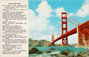 San Francisco CA Golden Gate Bridge Specifications Specs Unused Vintage Postcard 