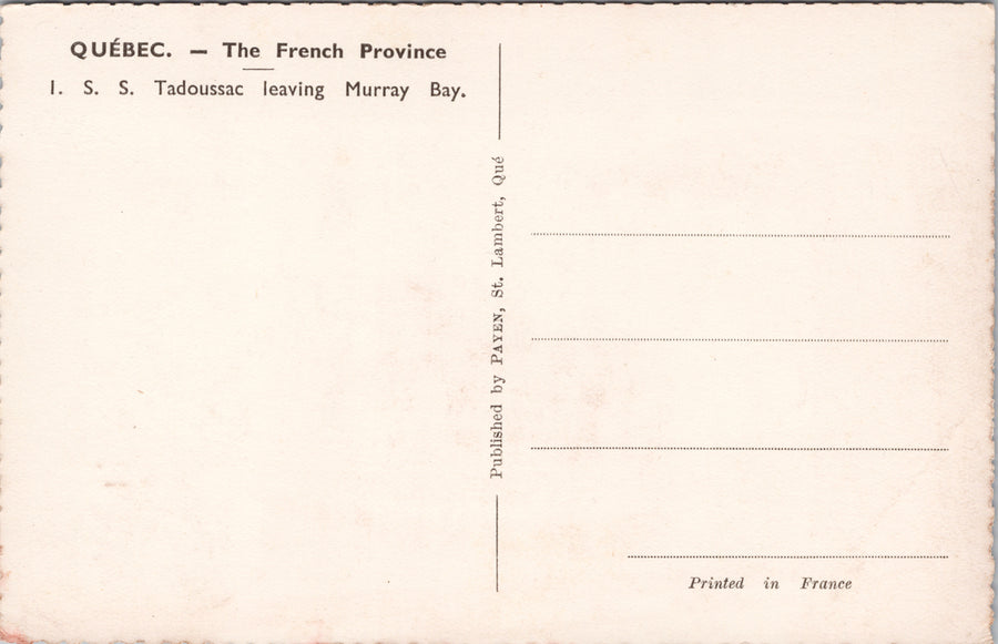 SS 'Tadoussac' Ship leaving Murray Bay Quebec Canada Unused Postcard SP10