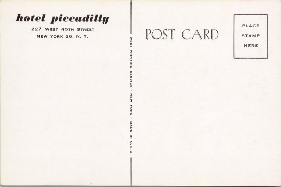 Hotel Piccadilly NY New York Meeting Place of Celebrities Advertising Postcard SP10