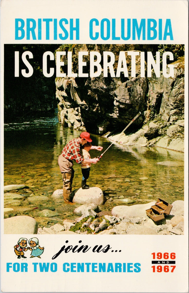 British Columbia Celebrating Two Centenaries BC Man Child Fishing Postcard 