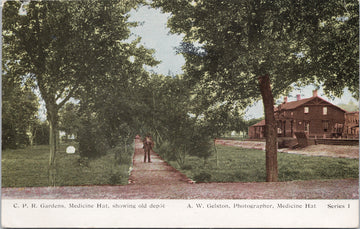 Medicine Hat Alberta CPR Gardens Showing Old Depot Postcard