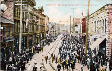 Vancouver BC Cordova Street looking West Marching Band Parade Military Unused MacFarlane #0729 Postcard