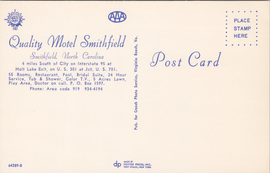 Smithfield NC Quality Motel Smithfield Multiview I-95 Unused Postcard SP11