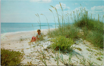 Along Beautiful Sandy  Beaches of Florida Woman Lady Unused Vintage Postcard 
