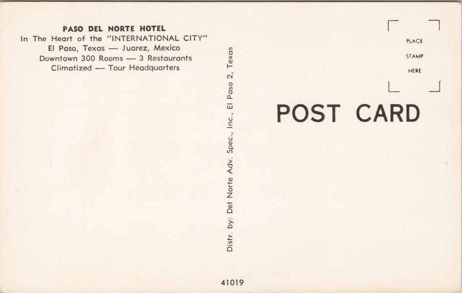 Paso Del Norte Hotel El Paso Texas Juarez Mexico Unused Postcard SP11