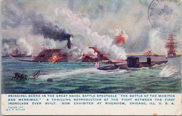 Battle of the Monitor and Merrimac Military Vessels Ships Exhibited at Riverview Chicago IL c1909 Postcard