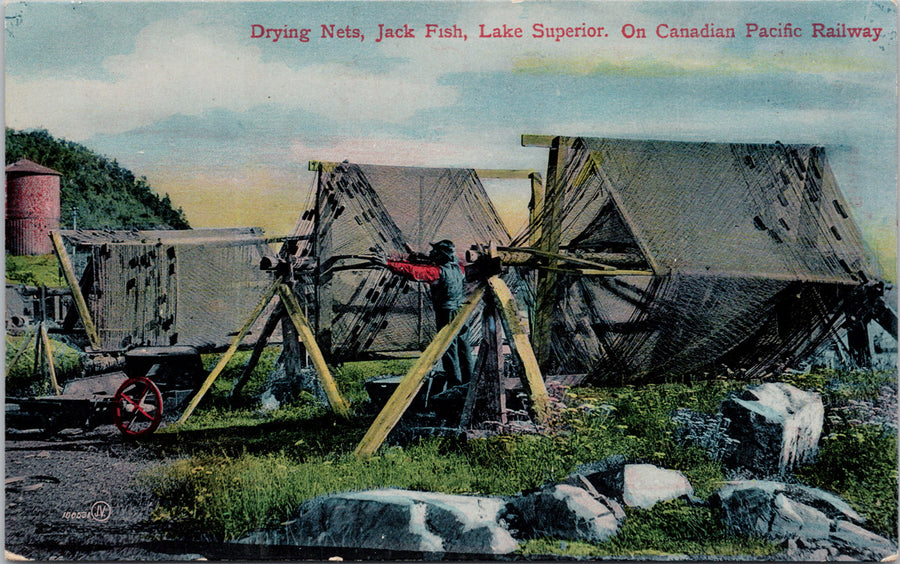 Drying Nets Jack Fish Lake Superior Ontario CP Railway Mezzograph Postcard 