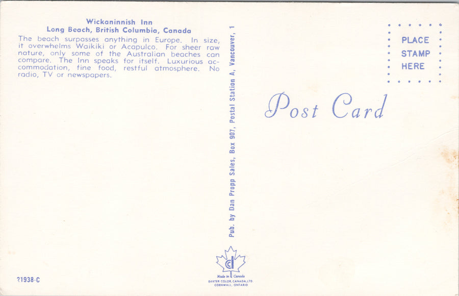 Wickaninnish Inn Long Beach Tofino BC British Columbia Unused Postcard SP11