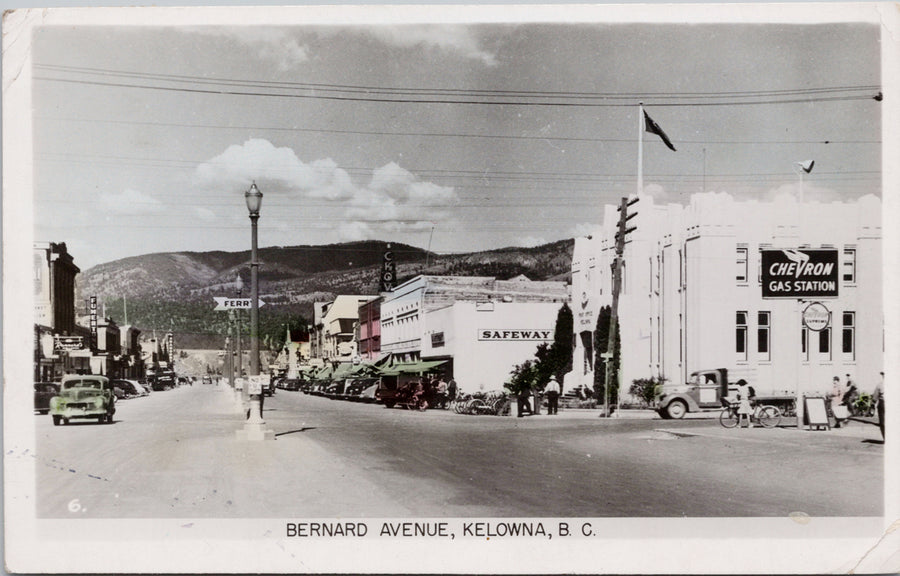 Bernard Avenue Kelowna BC Safeway Post Office Chevron Gas Station Gowen Sutton Real Photo Postcard 