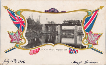 GTR Bridge Napanee Ontario Patriotic Grand Trunk Train Canada 1905 Postcard 