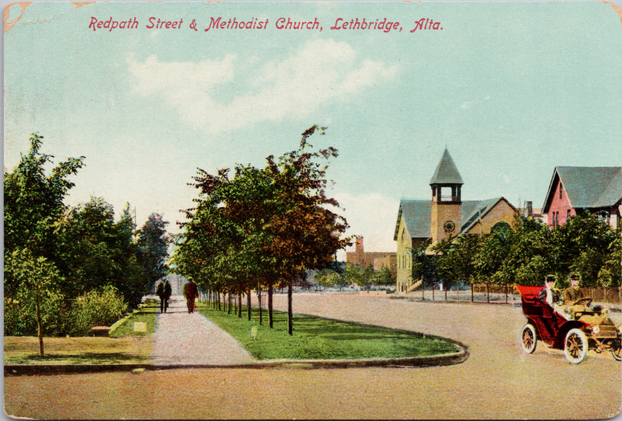 Lethbridge Alberta Redpath Street and Methodist Church AB Alta 1919 Postcard