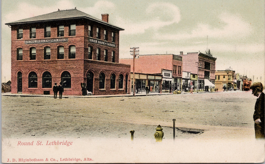 Round Street Lethbridge Alberta Union Bank of Canada c1907 Postcard 