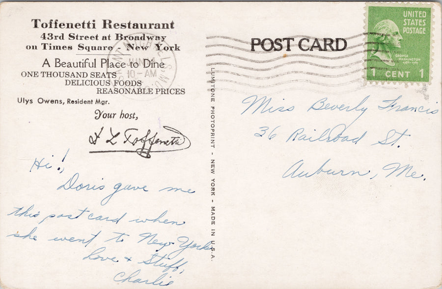 Toffenetti Restaurant New York NY Times Square Advertising Postcard SP13