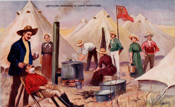 Settlers Arriving in Camp Manitoba MB Shaving Tents Red Ensign Flag Unused Postcard 