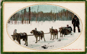 Husky Dog Team Edmonton Alberta AB Sled Dogs c1929 Oval Postcard 