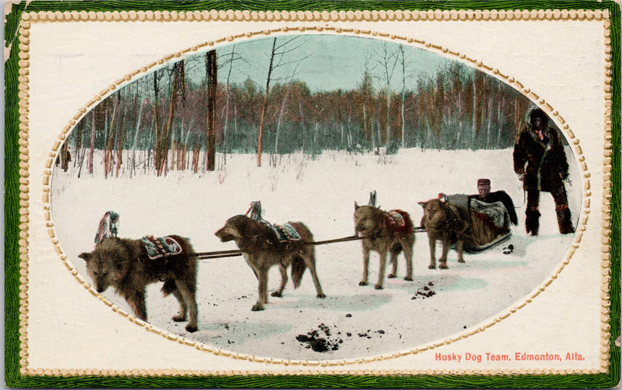 Husky Dog Team Edmonton Alberta AB Sled Dogs c1929 Oval Postcard 