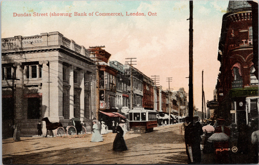 London Ontario Dundas Street Bank of Commerce ON Streetcar Unused Postcard 