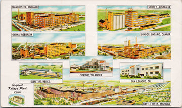 Kellogg Company Plants London Ontario ON Omaha NE Battle Creek MI Sydney Australia San Leandro CA Manchester England Springs South Africa Queretaro Mexico Unused Advertising Postcard 