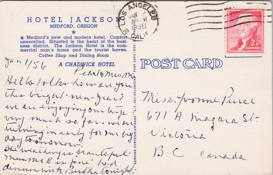 Hotel Jackson Medford Oregon OR Chadwick Hotel 1950s Linen Postcard SP13