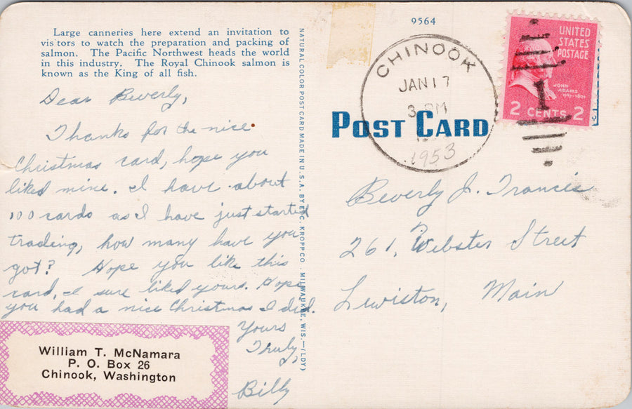 Astoria Oregon Preparing Salmon for Canning CRPA c1953 Chinook Cancel Postcard SP13 *as is