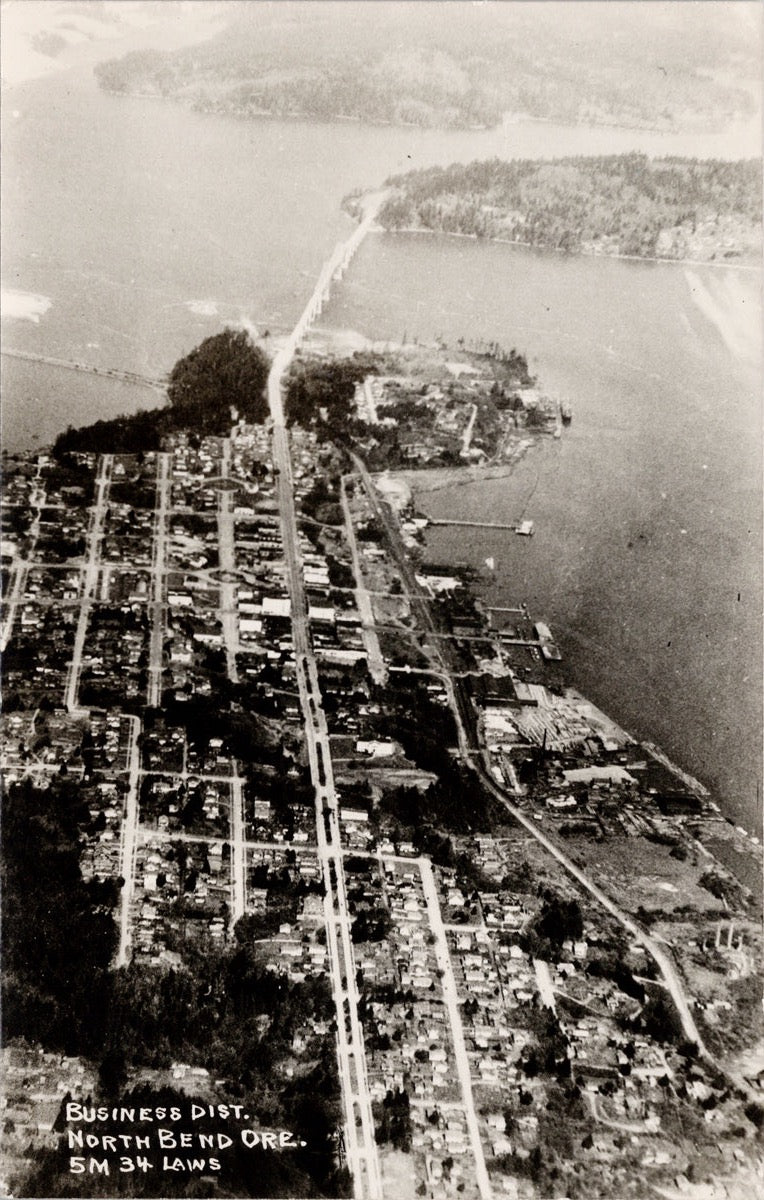 North Bend OR Oregon Business District Aerial View Unused RPPC Postcard 