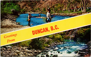 Greetings from Duncan BC British Columbia Fishing Fishermen Unused Vintage Postcard 