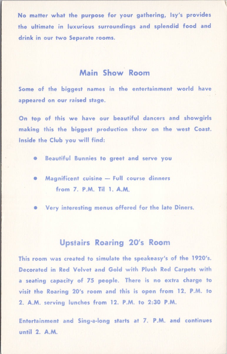 Isy's Supper Club Vancouver BC British Columbia Interior Unused Advertising Postcard SP13