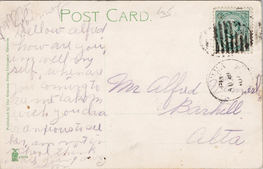 Granum Alberta AB Alberta Birdseye early 1900s Granum Drug Co Postcard SP13