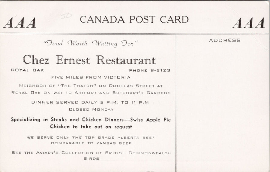 Chez Ernest Restaurant Victoria BC Royal Oak British Columbia Advertising Postcard SP13