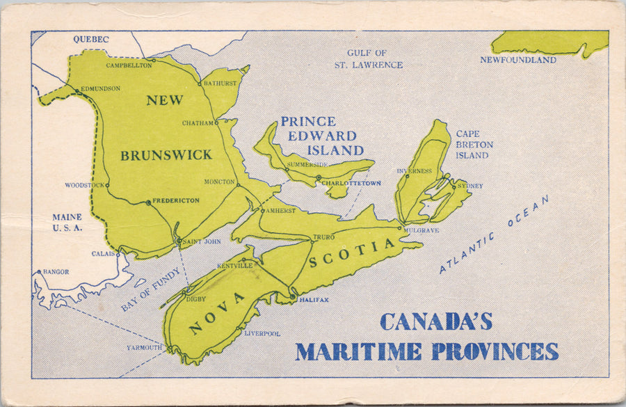 Maritime Provinces Canada Map NS PE NB NL Green Postcard