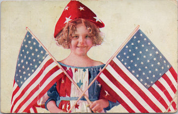 Cute Girl Smiling USA Flags Patriotic American c1909 Postcard 