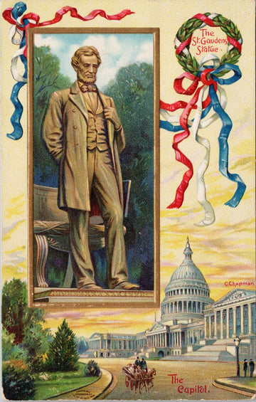 USA Patriotic Abraham Lincoln St. Gaudens Statue The Capitol Embossed Postcard