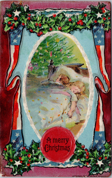 Merry Christmas Xmas Children Sleeping USA Patriotic Embossed Postcard