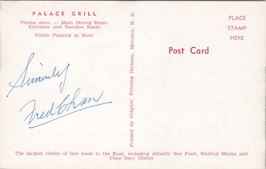 Moncton NB Palace Grill Restaurant Advertising Main Vintage Postcard SP13