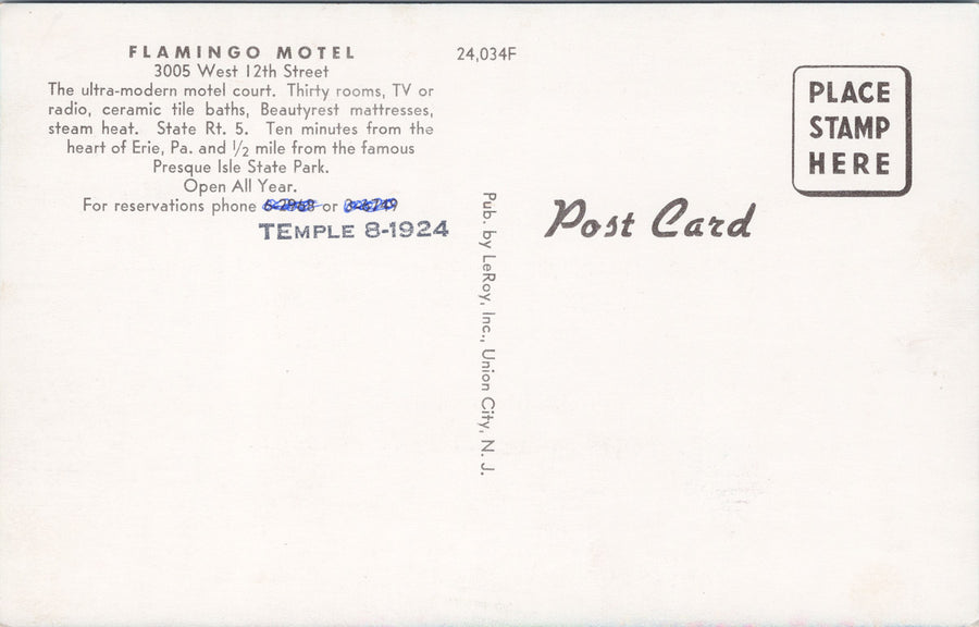 Flamingo Motel Erie PA State Route #5 Flamingo Court Vintage Postcard SP13