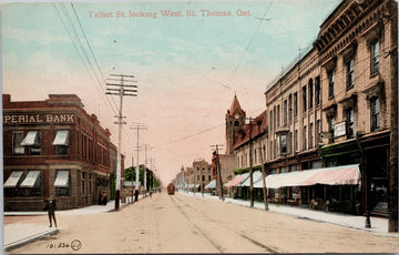 St Thomas Ontario Talbot Street looking West Imperial Bank Streetcar Unused Postcard