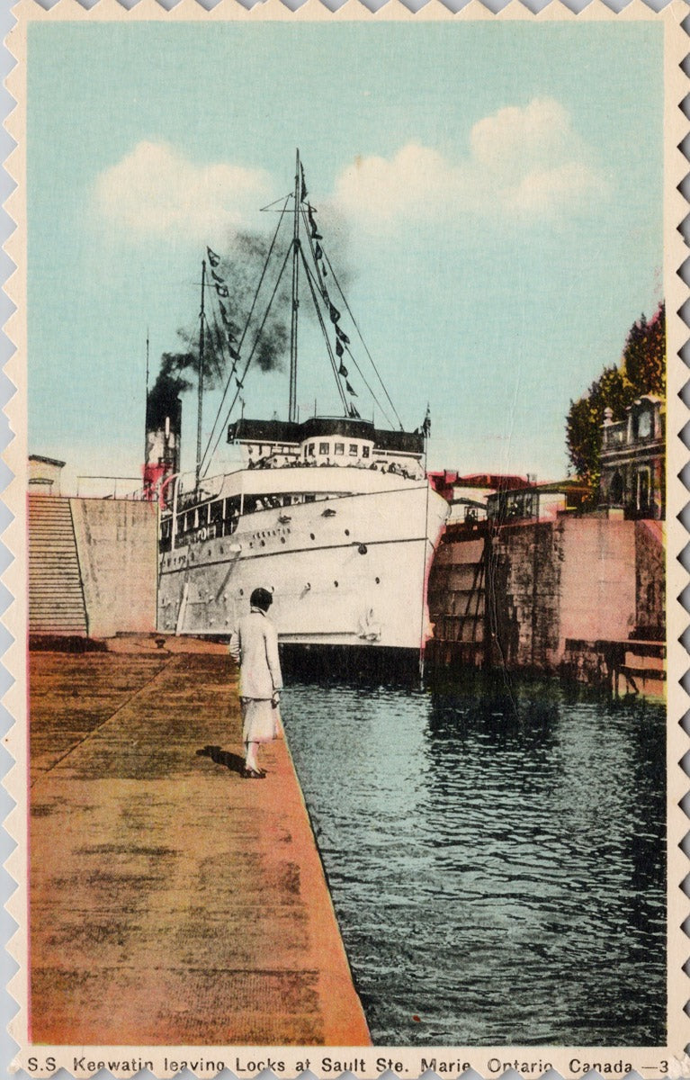 SS 'Keewatin' Sault Ste Marie Ontario ON leaving Locks Jagged Edges Postcard 