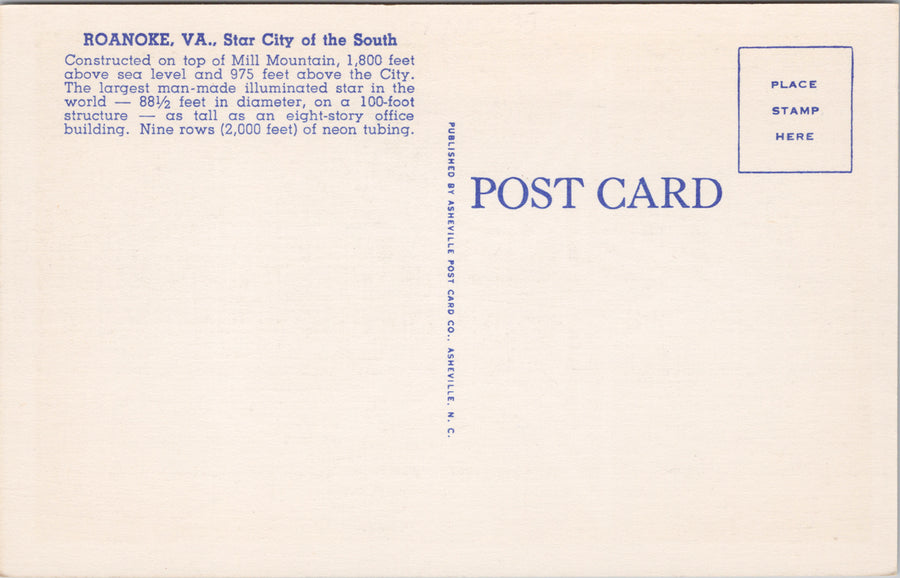 Roanoke Virginia VA Electric Star City of South Unused Linen Postcard S3