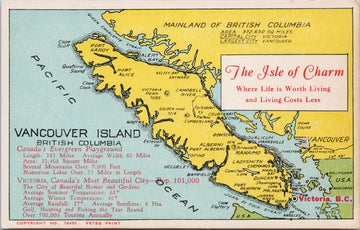 Vancouver Island Map BC 'The Isle of Charm' Postcard